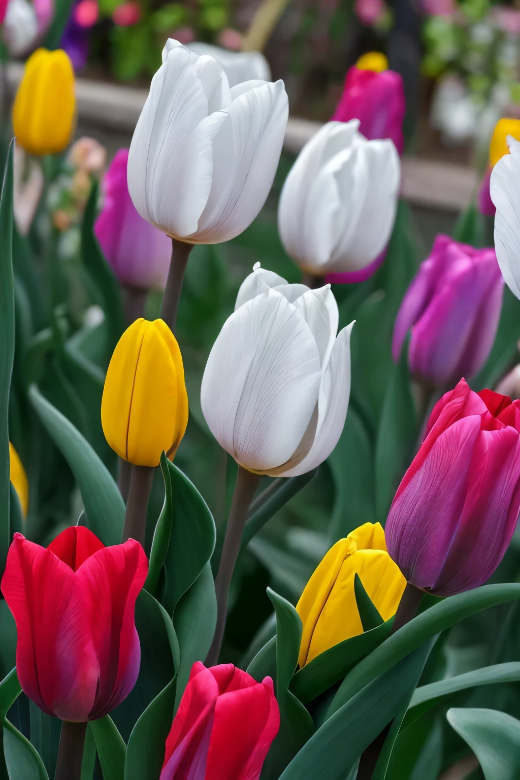 best quality, high resolution, realistic, detailed, Bloom, bloom, tulip flowers, lined up, lined up, red, white, yellow, every flower you see is beautiful, 