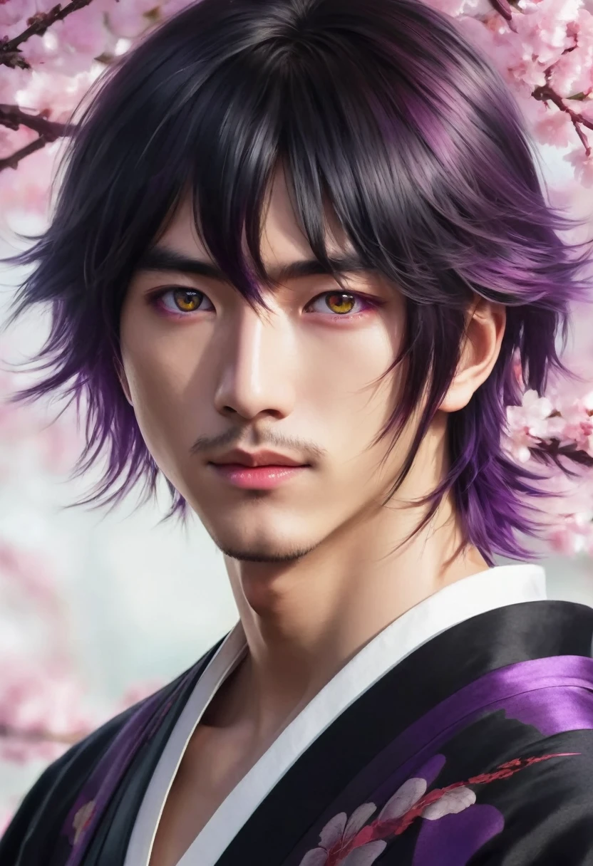 I want a young Japanese man, he has heterochromia, one eye is green and the other is purple, red hair color, and have a naughty smile, make him wearing a black and purple kimono. Um retrato realista, full hd 4k.
