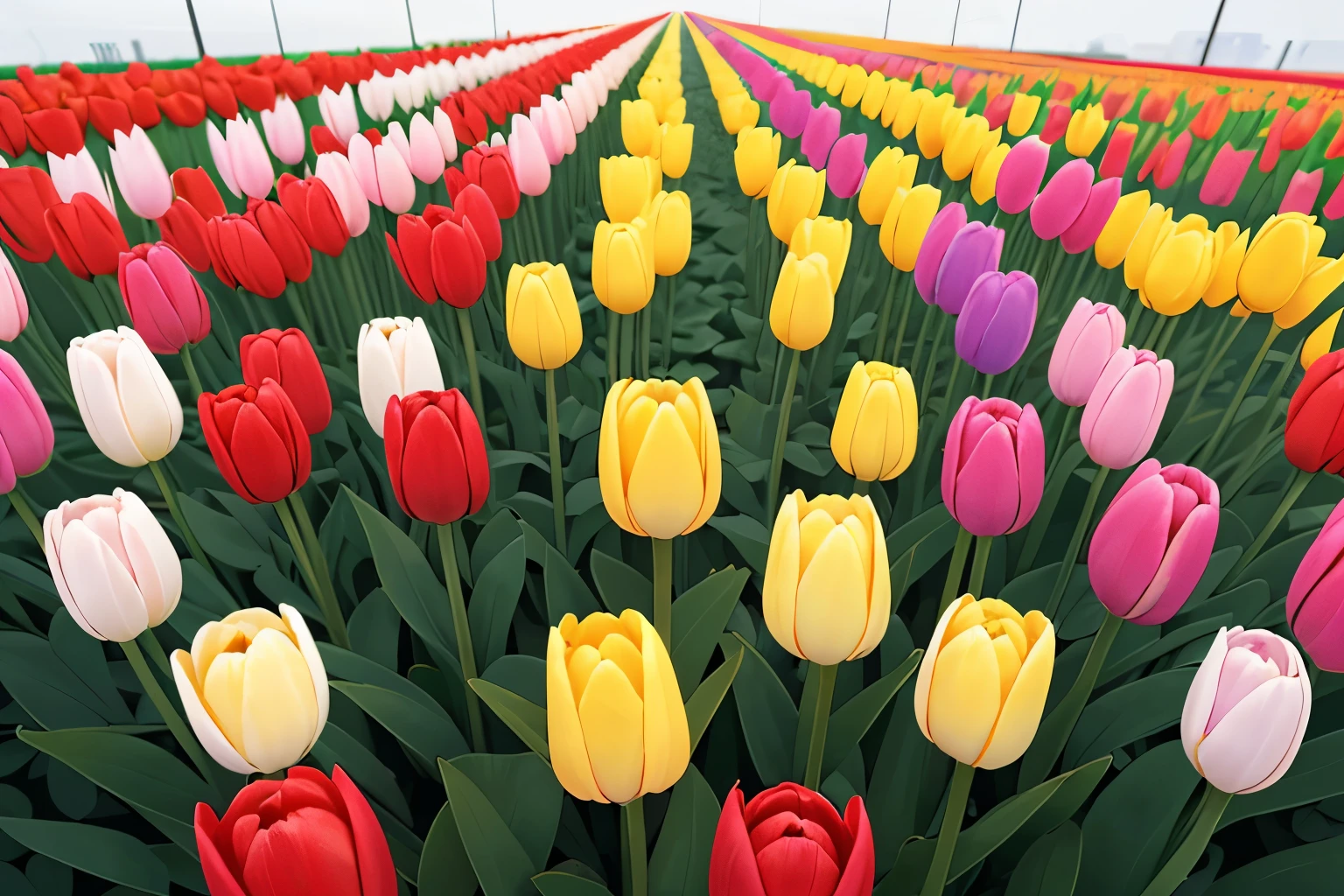 best quality, high resolution, realistic, detailed, Bloom, bloom, tulip flowers, lined up, lined up, red, white, yellow, every flower you see is beautiful, 