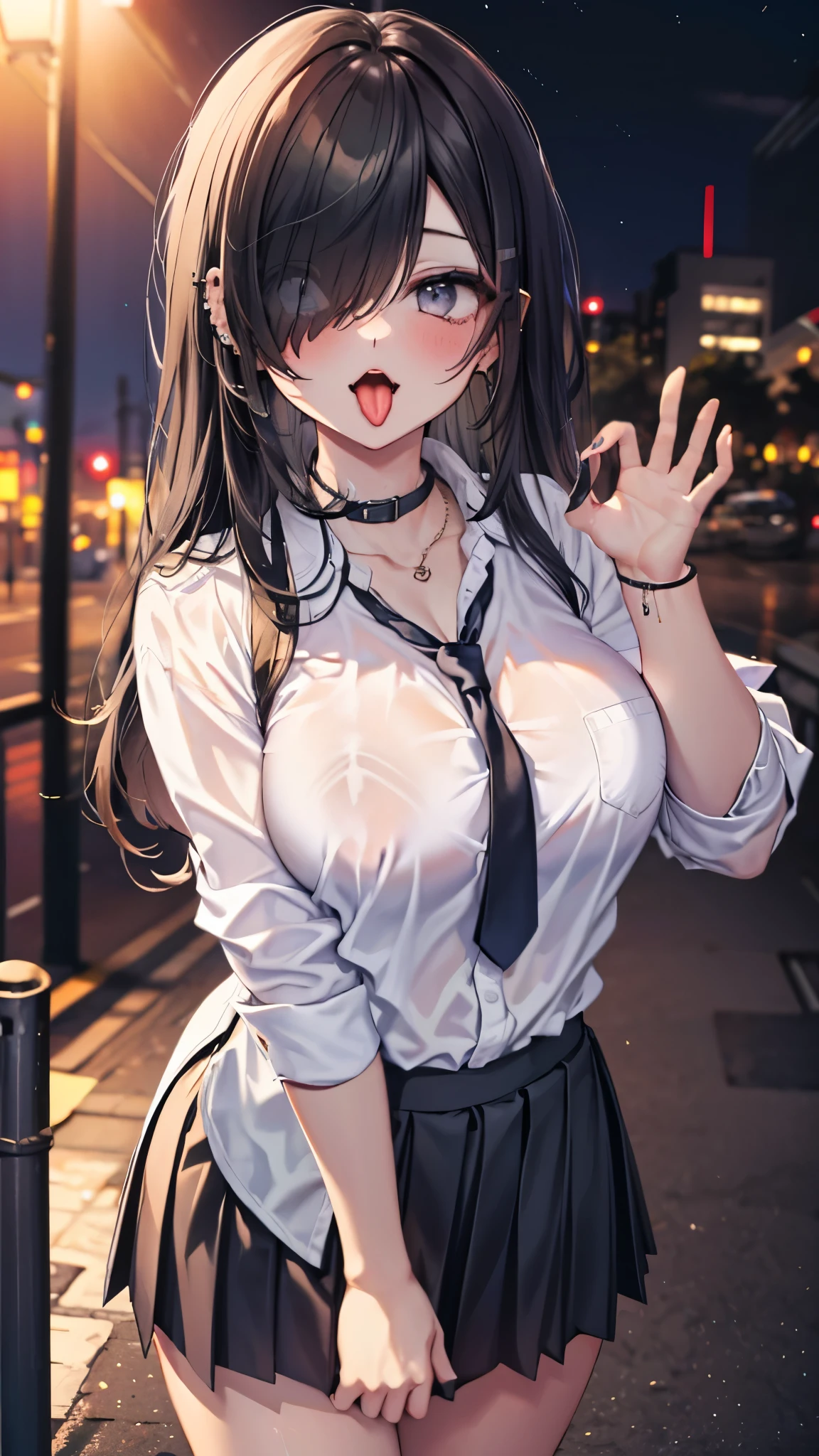 ((masterpiece、Highest quality、Very detailed))、One girl、gyaru、Black Hair、Long Hair、straighthair、((hair over one eye))、Grey Eyes、evil smile、((open mouth))、((tongue out))、((lots of piercing))、((Fellatio gesture))、Large Breasts、((White collared shirt))、((Open chest))、((Black pleated skirt))、((micro miniskirt))、Thick thighs、((night))、Downtown background