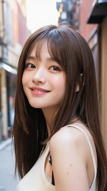 (((Face close-up)))、(((Brown straight hair)))、(((She is photographed with the backdrop of a New York alleyway、Posing like a model at a hair salon。.)))、(((She is wearing casual clothes suitable for early summer..。shoulders are hidden)))、(Natural laughter:1.25)、Half Japanese, Half Korean、18-year-old girl、Independent、I'm looking forward to、Light eye makeup、Brown Hair Color、Flat 、Hair blowing in the wind、Quality of actress、Shiny, Ultra-realistic faces、smile、Watery eye、look up、Subtle lighting effects、 Ultra-Realistic Capture、Very detailed、High resolution 16K human skin closeup。Skin texture must be natural、The detail must be such that the pores are clearly visible.、skin is healthy、Even Tone、Use natural light and colour、Worn out, High quality photos taken by modeling agencies'In-house photographer.、smile、(((Sigma 300mm F/1.4,1/1000 sec shutter,ISO400)))、The background is F-stop 1...4 is blurry