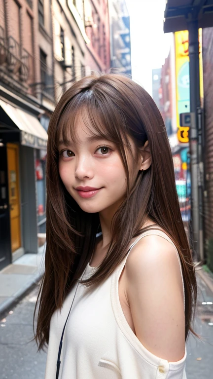 (((Face close-up)))、(((Brown straight hair)))、(((She is photographed with the backdrop of a New York alleyway、Posing like a model at a hair salon。.)))、(((She is wearing casual clothes suitable for early summer..。shoulders are hidden)))、(Natural laughter:1.25)、Half Japanese, Half Korean、18-year-old girl、Independent、I'm looking forward to、Light eye makeup、Brown Hair Color、Flat 、Hair blowing in the wind、Quality of actress、Shiny, Ultra-realistic faces、smile、Watery eye、look up、Subtle lighting effects、 Ultra-Realistic Capture、Very detailed、High resolution 16K human skin closeup。Skin texture must be natural、The detail must be such that the pores are clearly visible.、skin is healthy、Even Tone、Use natural light and colour、Worn out, High quality photos taken by modeling agencies'In-house photographer.、smile、(((Sigma 300mm F/1.4,1/1000 sec shutter,ISO400)))、The background is F-stop 1...4 is blurry