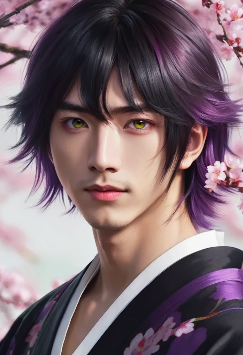 I want a young Japanese man, he has heterochromia, one eye is green and the other is purple, red hair color, and have a naughty smile, make him wearing a black and purple kimono. Um retrato realista, full hd 4k.