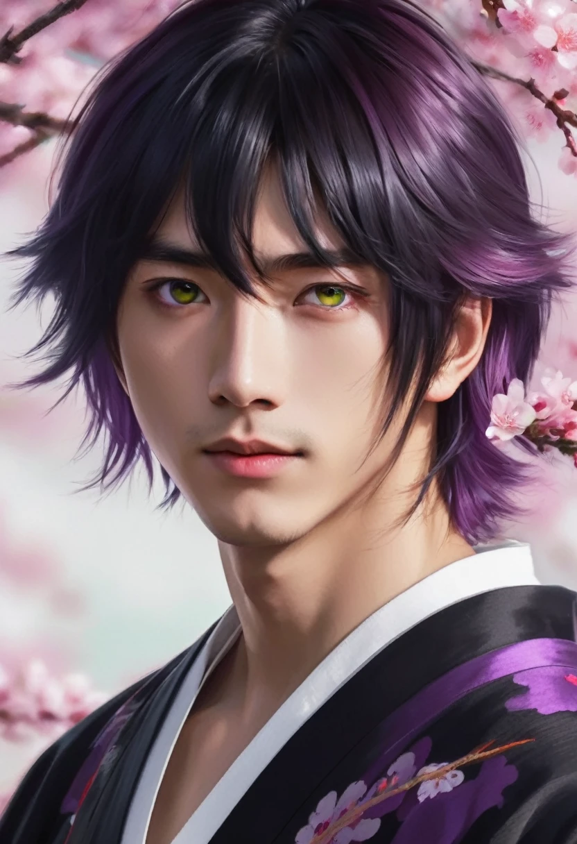 I want a young Japanese man, he has heterochromia, one eye is green and the other is purple, red hair color, and have a naughty smile, make him wearing a black and purple kimono. Um retrato realista, full hd 4k.