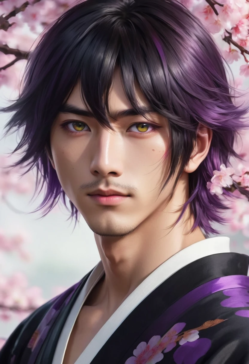 I want a young Japanese man, he has heterochromia, one eye is green and the other is purple, red hair color, and have a naughty smile, make him wearing a black and purple kimono. Um retrato realista, full hd 4k.