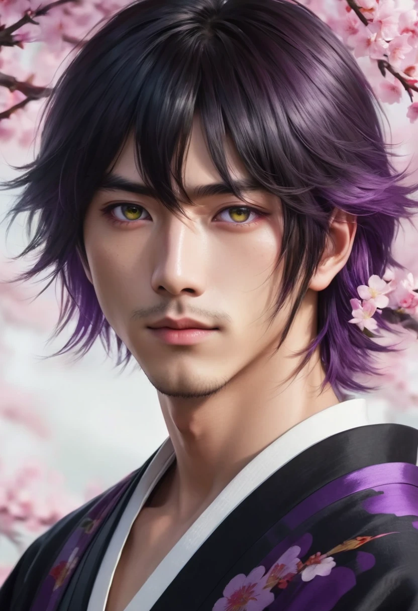 I want a young Japanese man, he has heterochromia, one eye is green and the other is purple, red hair color, and have a naughty smile, make him wearing a black and purple kimono. Um retrato realista, full hd 4k.