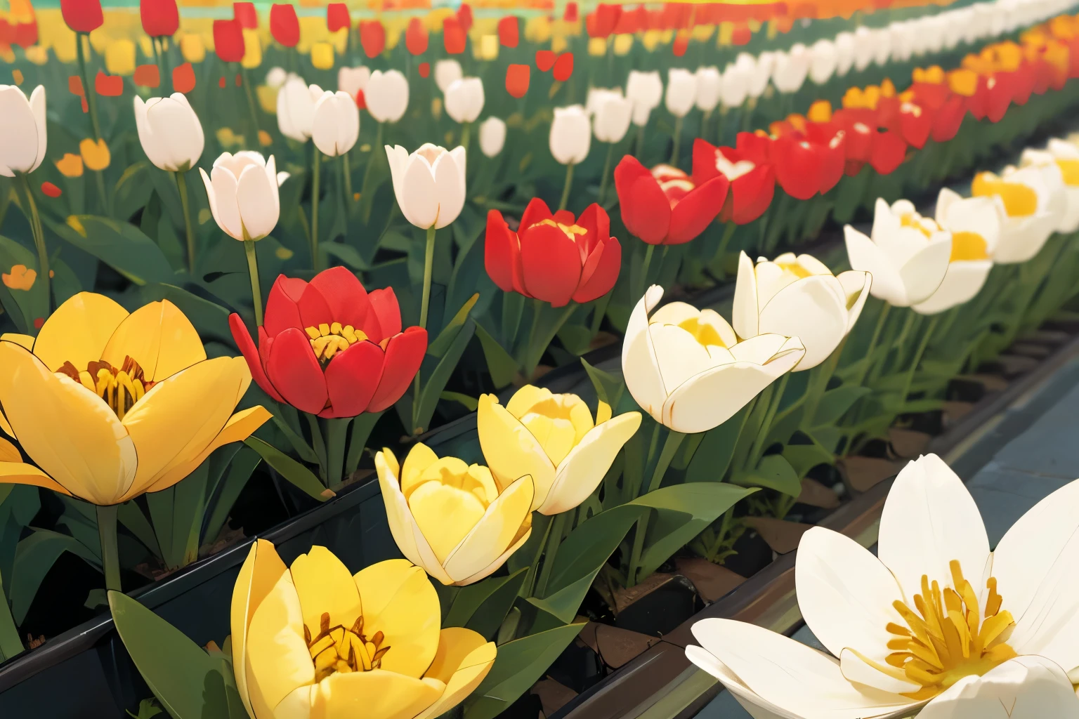 best quality, high resolution, realistic, detailed, Bloom, bloom, tulip flowers, lined up, lined up, red, white, yellow, every flower you see is beautiful, 