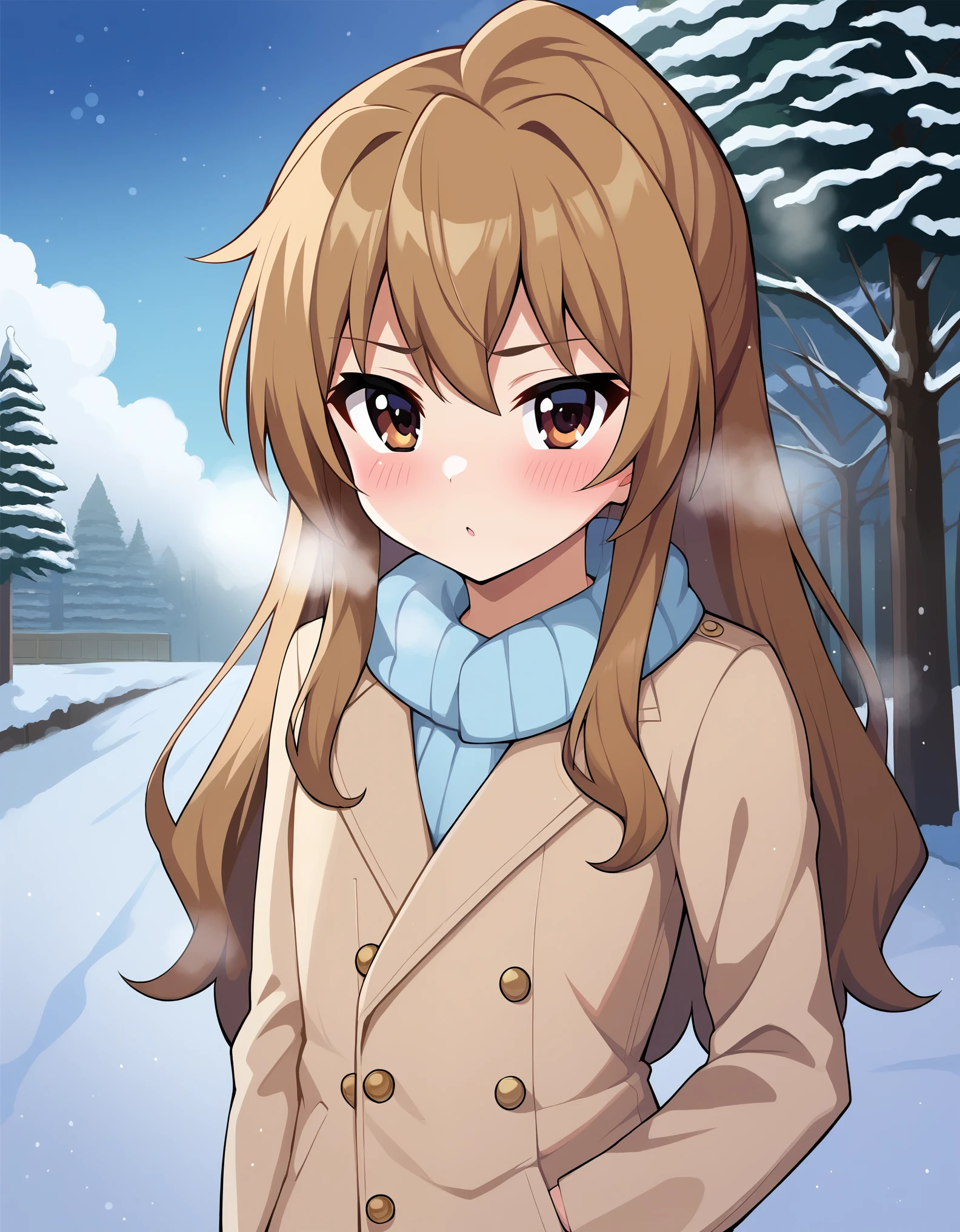 masterpiece, best_quality, 1girl, aisaka_taiga, brown_eyes, brown_hair, long_hair, flat_chest, winter_clothes, winter, steam, blush