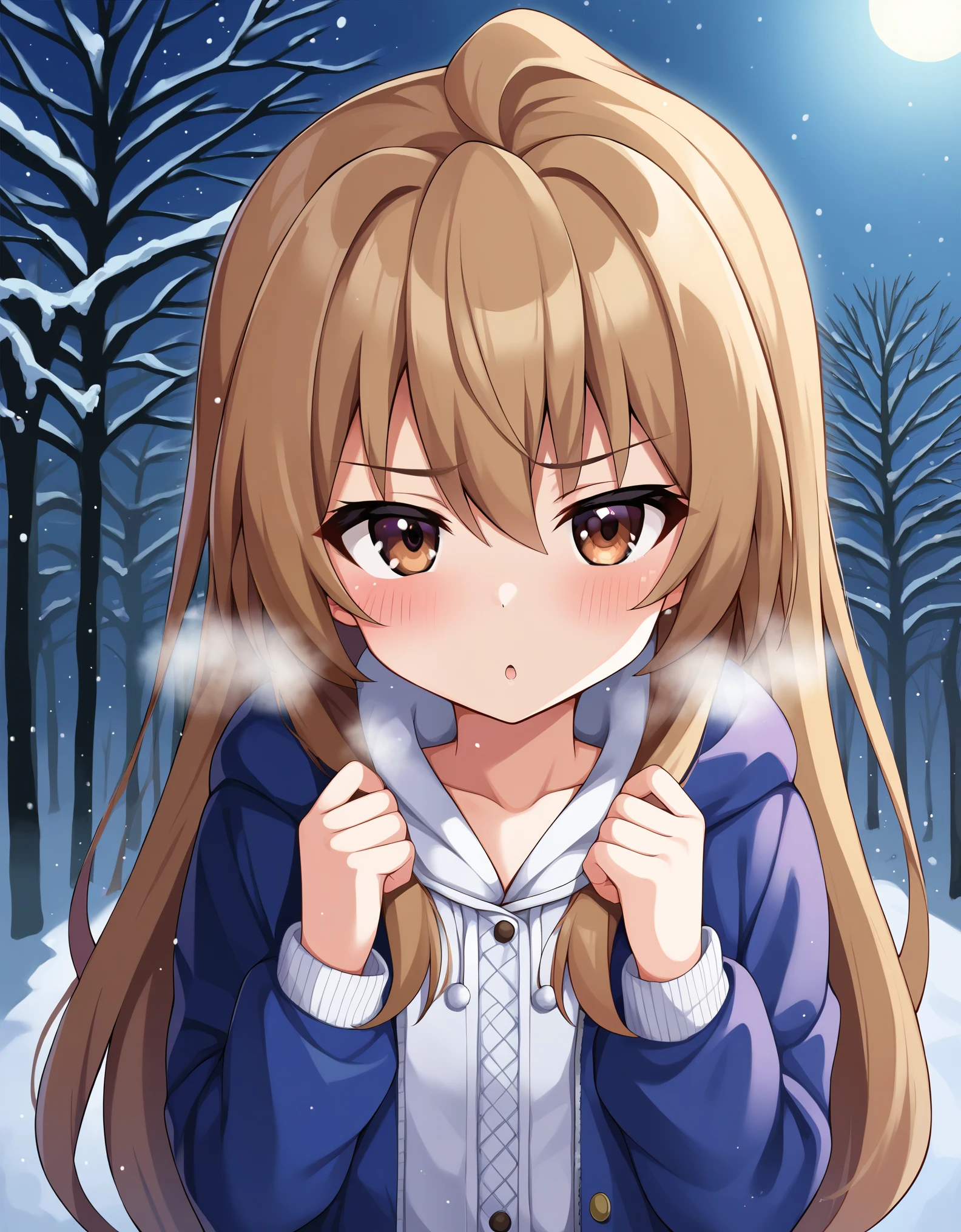 masterpiece, best_quality, 1girl, aisaka_taiga, brown_eyes, brown_hair, long_hair, flat_chest, winter_clothes, winter, steam, blush