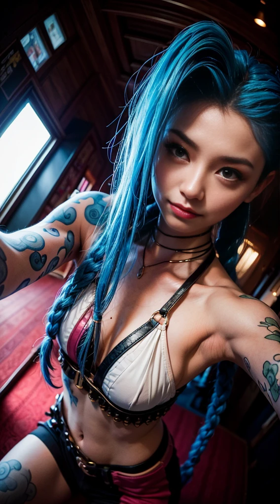 ((Jinx), (Fisheye Lens), Selfie, Cowboy Shot, Wind,, サイバーパンクな都市Wind景, (Aesthetics and atmosphere:1.2) ,Wide Wide Shot