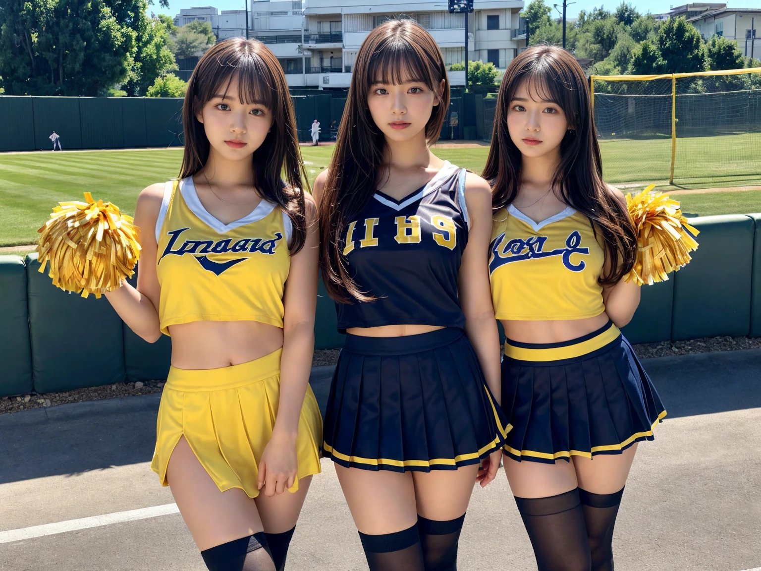 masterpiece, best quality, illustration, Super detailed, fine details, High resolution, 8K,wall paper, perfect dynamic composition,(Details High quality, realistic depiction of eyes:1.3), (3 girls), BREAK (cheerleader uniform with yellow as basic color:1.3), (holding a yellow pompoms in hand:1.4), (sleeveless yellow tunic with baseball team logo:1.4), yellow tops, (bold V-neck:1.3), ((Blue lines, black lines) on tops:1.3), ((fit and flare, A-line):1.3), (A-line yellow rah-rah skirt:1.3), mini skirt, (black socks:1.3), (sports shoes:1.2), sitting, open legs, short bob hair, in a hotel room in the background, deep on field, large breasts, black hair color, Big Natural Color Lip, (perfect body shape), crying a little、Harajuku style、20 year old girl、cute type、beautiful legs, Gravure Idol