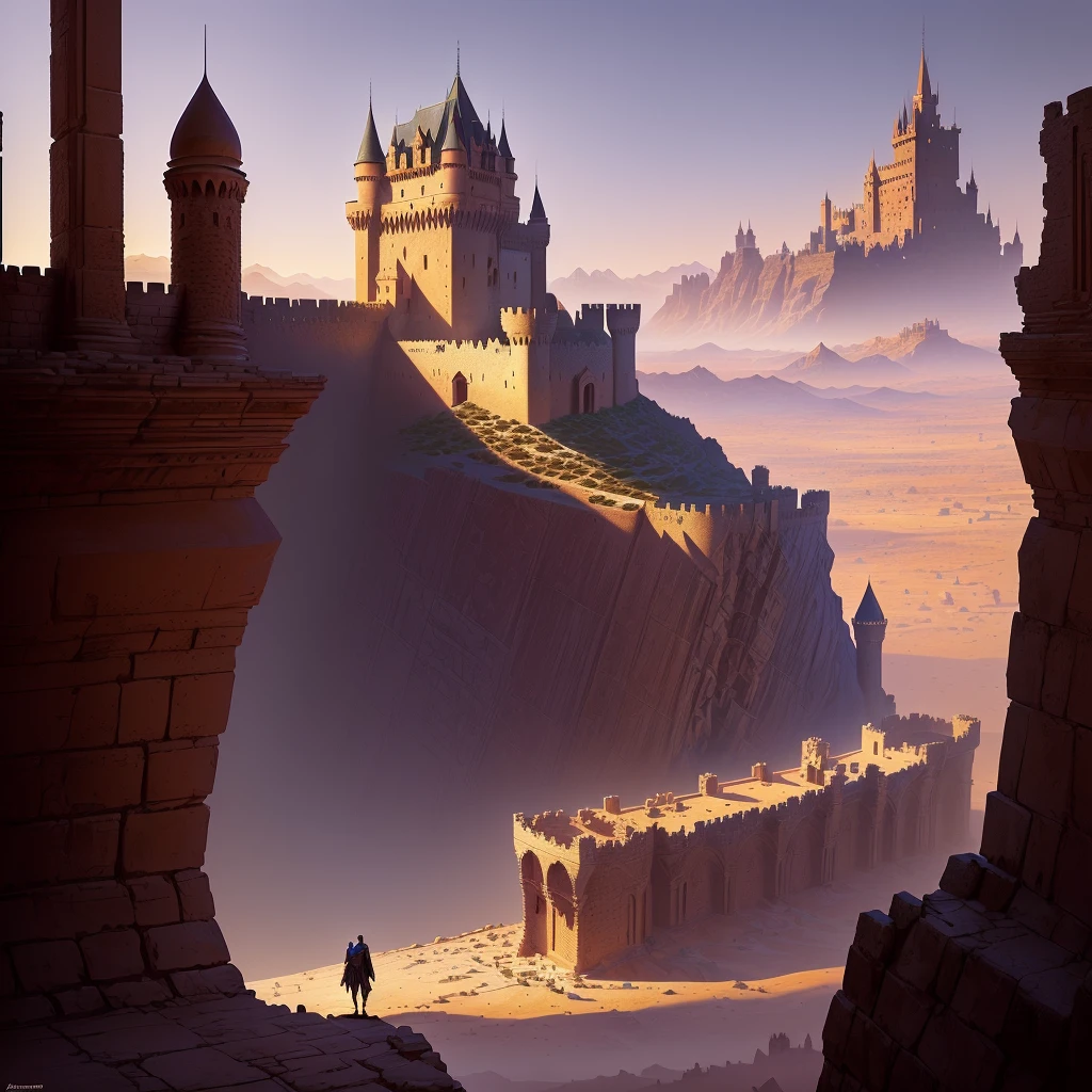arafed castle in the desert with a man standing on a rock, anor londo, inspired by Raphael Lacoste, andreas rocha style, style of marc simonetti, by Andreas Rocha, style of raphael lacoste, inspired by Marc Simonetti, by Raphael Lacoste, art style of marc simonetti, inspired by Andreas Rocha.
