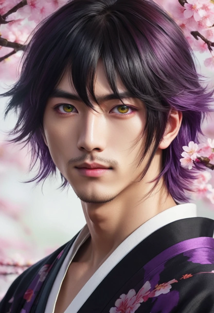 I want a young Japanese man, he has heterochromia, one eye is green and the other is purple, red hair color, and have a naughty smile, make him wearing a black and purple kimono. Um retrato realista, full hd 4k.