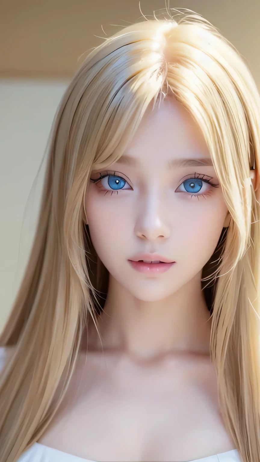 Crystal clear and shiny skin、13 years old, cute, sexy, , beautiful face、Very large, beautiful, bright, pale sky blue eyes、Very big eyes、Long straight hair that shines in the light、Long, silky bangs that cover her cute eyes、Hair that hides sexy features、Too long hair、Sexy and cute young beautiful girl、Super long natural young blonde hair with sparkling highlights Blonde over one eye Blonde over one eye、Blonde hair between the eyes