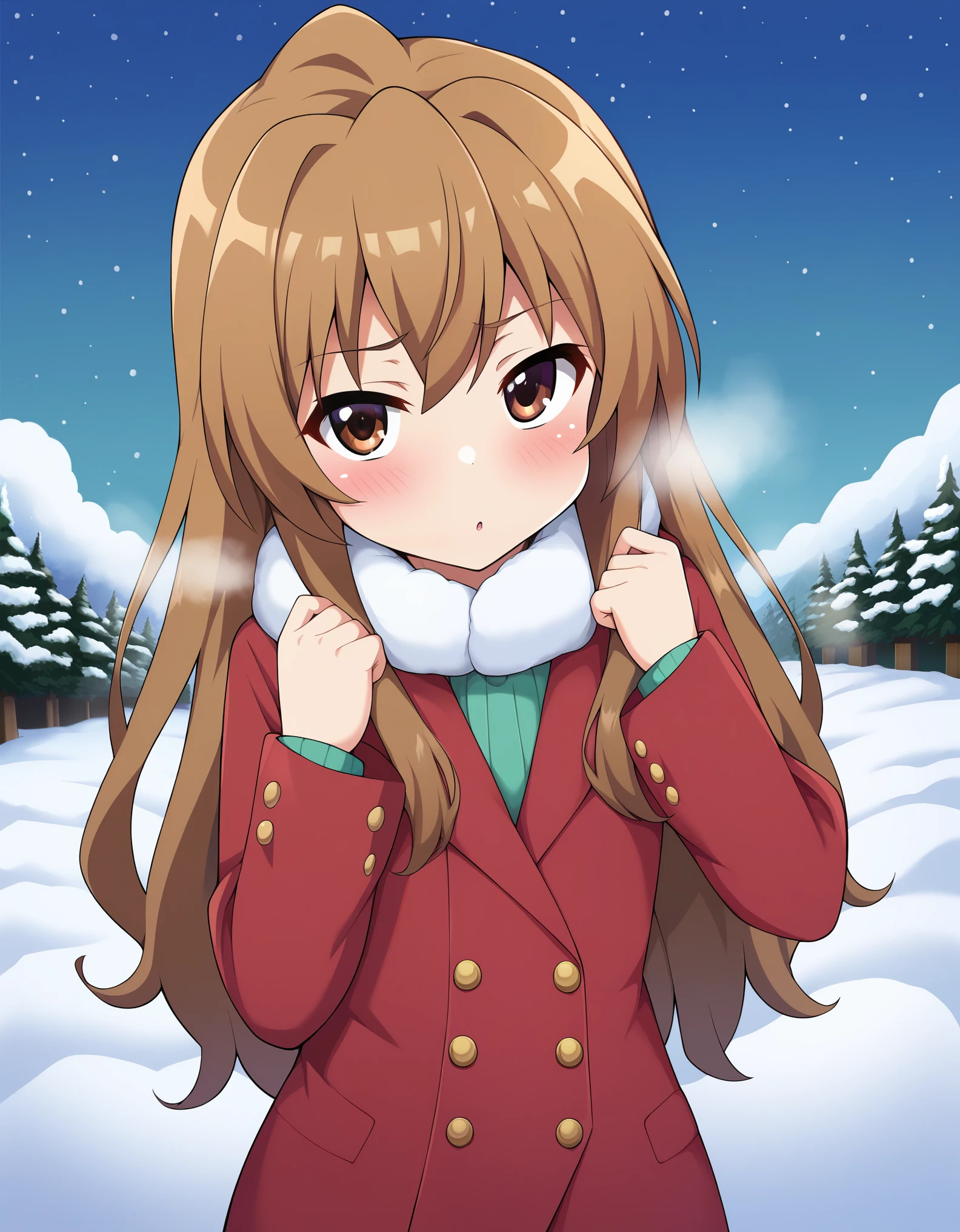 masterpiece, best_quality, 1girl, aisaka_taiga, brown_eyes, brown_hair, long_hair, flat_chest, winter_clothes, winter, steam, blush