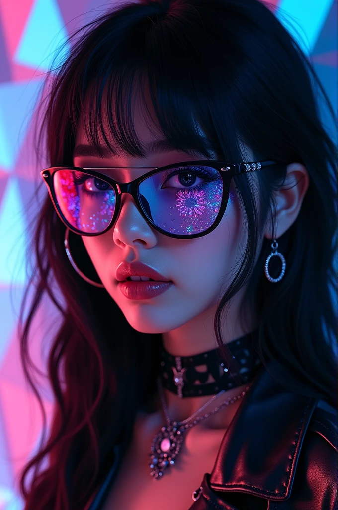 Portrait of an attractive beautiful woman with black hair wearing gothic costume, (Very detailed: 1.2), Hyper-detailed eyes and use of high-tech sunglasses with holographic display 1.2) ,Beautiful multidimensional geometric wall, Vibrant vivid color coloring,