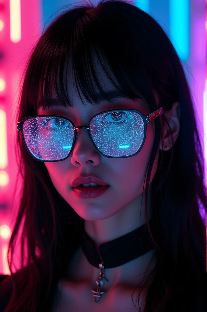 Portrait of an attractive beautiful woman with black hair wearing gothic costume, (Very detailed: 1.2), Hyper-detailed eyes and use of high-tech sunglasses with holographic display 1.2) ,Beautiful multidimensional geometric wall, Vibrant vivid color coloring,
