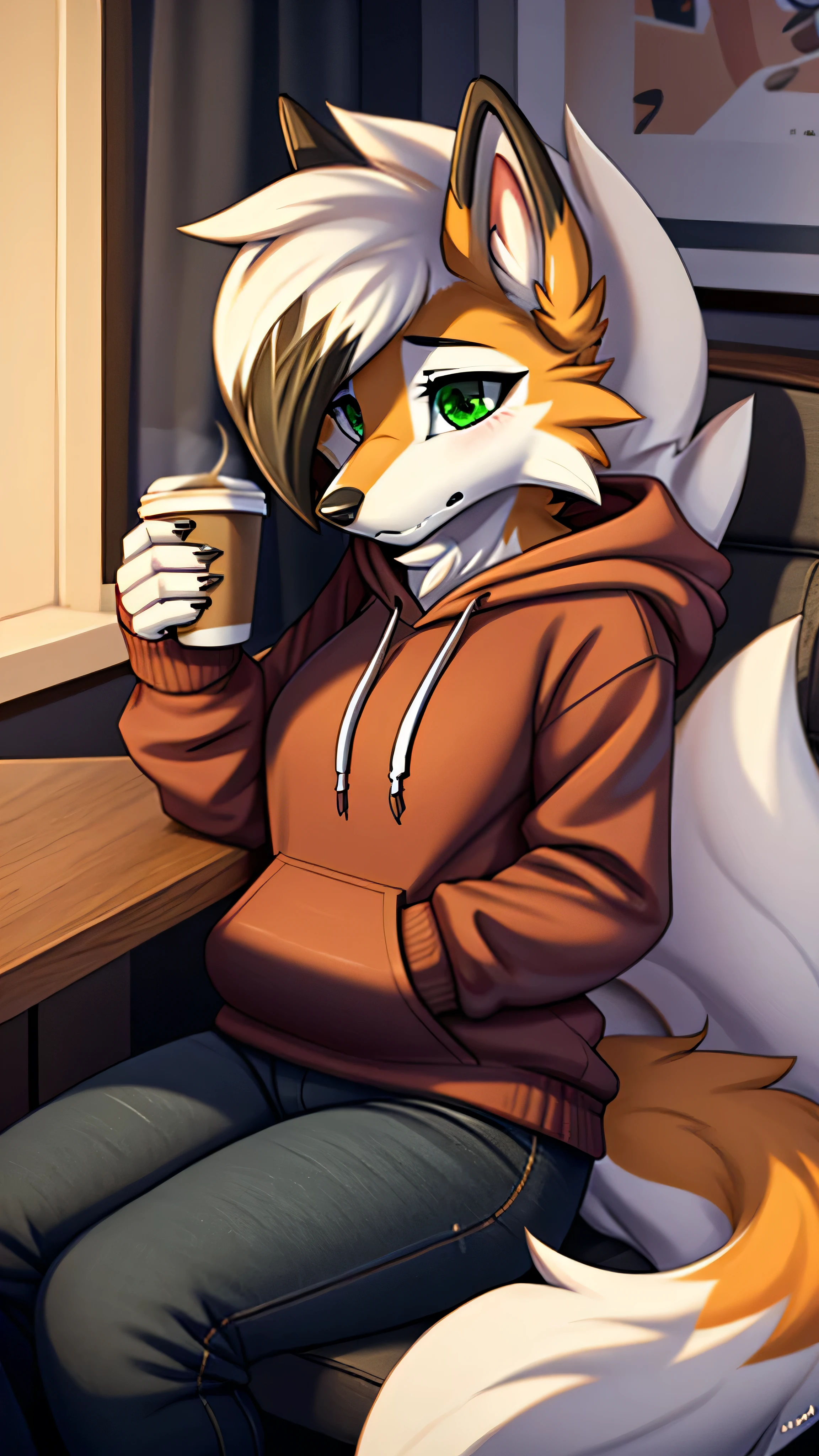 Solo, score_9,score_8_up,score_7_up, source_furry, an Anthro furry Dusk Lycanroc female, green eyes, wearing a hoodie in white color, black jeans, looking deppresed sad, holding a cup of coffe, sitting, looking at you, in bedroom