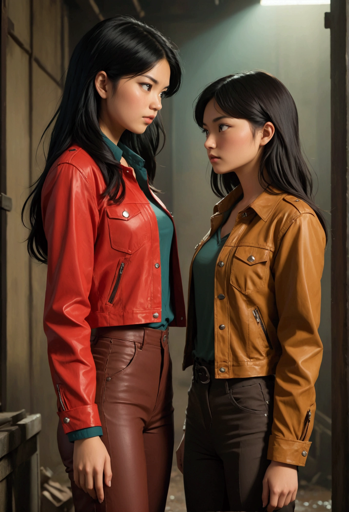 Two young women in Sarah Kay style, in love, one with long, straight black hair, delicate Asian features, dressed in a petrol-colored shirt and dark pants, the other a young British woman with semi-short brown hair, dressed in a red shirt and a brown leather jacket and dark pants.