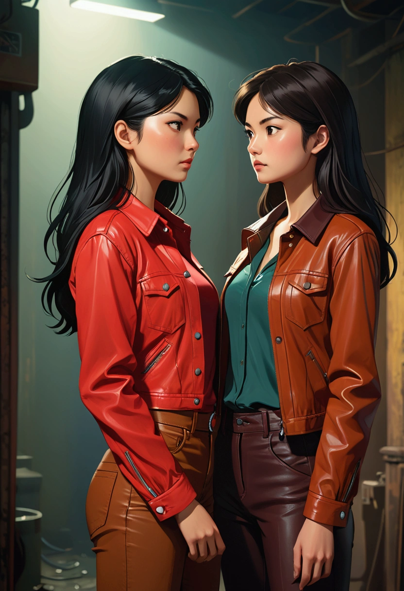 Two young women in Sarah Kay style, in love, one with long, straight black hair, delicate Asian features, dressed in a petrol-colored shirt and dark pants, the other a young British woman with semi-short brown hair, dressed in a red shirt and a brown leather jacket and dark pants.
