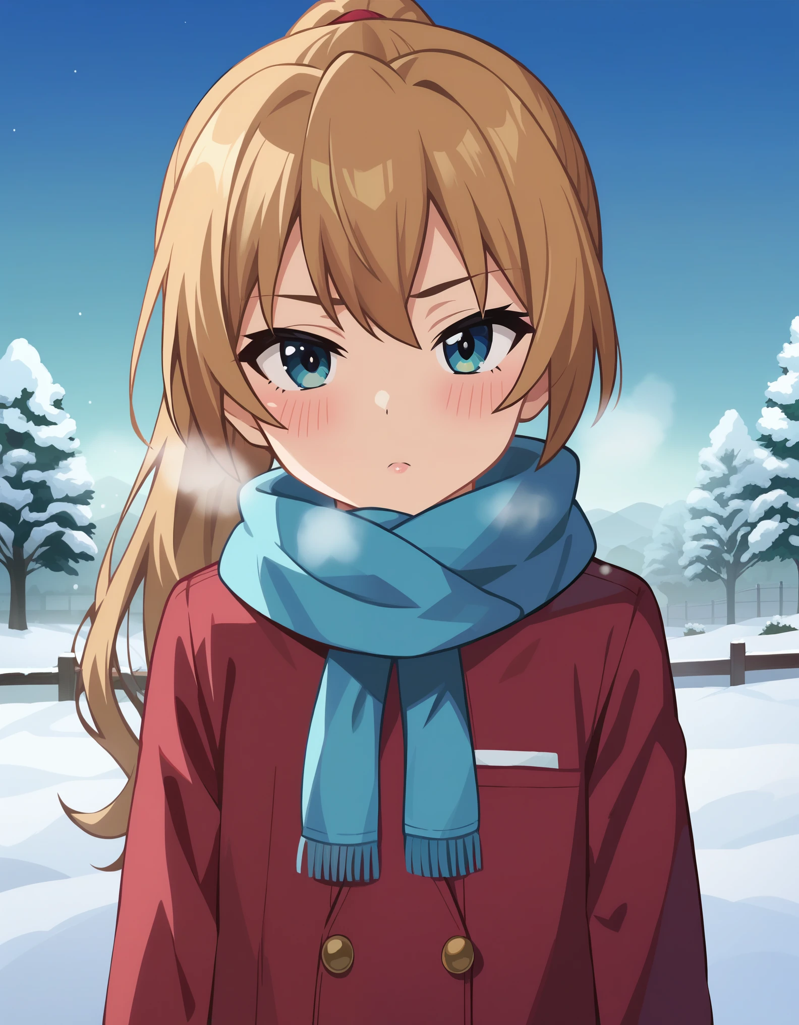 score_9, score_8_up, score_7_up, 1girl, solo, aisaka_taiga, brown_eyes, brown_hair, long_hair, flat_chest, anime_screencap, ponytail, winter_clothes, winter, scarf, steam, blush