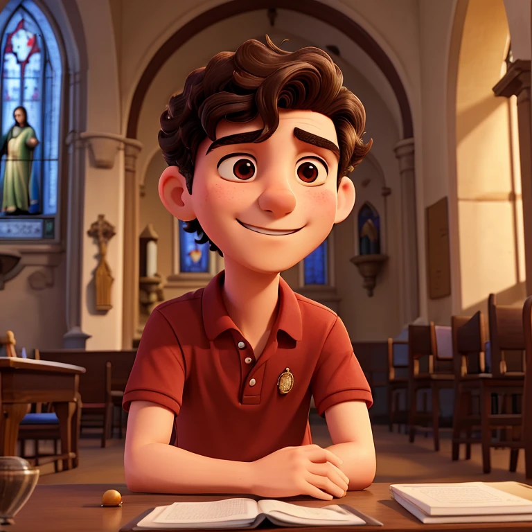 Create an illustration by Carlo Acutis, a young man with dark curly hair, dressed in a red polo shirt. In the illustration, Carlo Acutis is praying the rosary, holding a rosary in her hands. The background must show the interior of a church, with details such as wooden benches, stained glass windows and a quiet, reverent atmosphere. Carlo must be focused and devoted, with a slight smile on his face, capturing his friendly spirit and deep faith