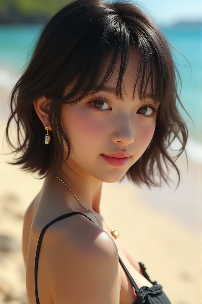 girl, White skin, ((Dark brown short tiered hair)), (Dark brown short hair),V cut with layers and bangs, Brown eyes, Soft atmosphere characteristics (Highest quality, Ultra-high resolution, 8k, RAW Photos, Ultra-high resolution: 1.2, masterpiece: 1.3), (Realistic, Realistic: 1.37), Very detailed, Professional Lighting, Photon Mapping, Radio City, 物理ベースレンダring, One Girl, （high school girl）, Sharp focus:1.2、Beautiful woman:1.4,cute, Nice,(Adorable smile:1.2), Normal chest, Cross Necklace、Earrings、ring,(Cleavage)、((( bandeau bikini:1.2),(Looking at camera:1.2),Palm tree,Sandy Beach,on Waikiki beach)(),(Selfie:1.1),