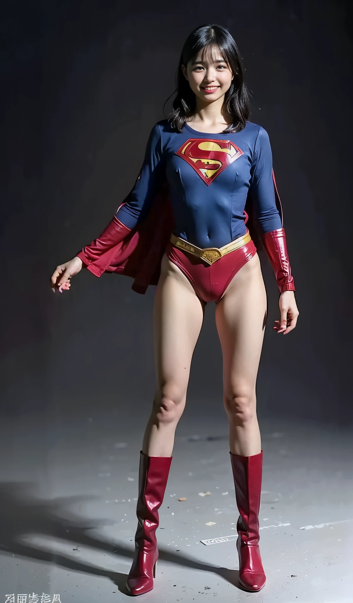 No background、(((Beautiful legs in black tights.)))、(((Legally express the beauty of your smile)))、((((Make the most of your original images)))、(((Supergirl Costume)))、(((Beautiful boyish short hairstyle)))、(((suffering)))、(((Please wear black tights....、Wear red boots)))、((Best image quality、8k))、((Highest quality、8k、masterpiece:1.3))、(((Preserve background )))、Sharp focus:1.2、Beautiful woman with perfect figure:1.4、Slim Abs:1.2、Wet body:1.5、Highly detailed face and skin texture、8k