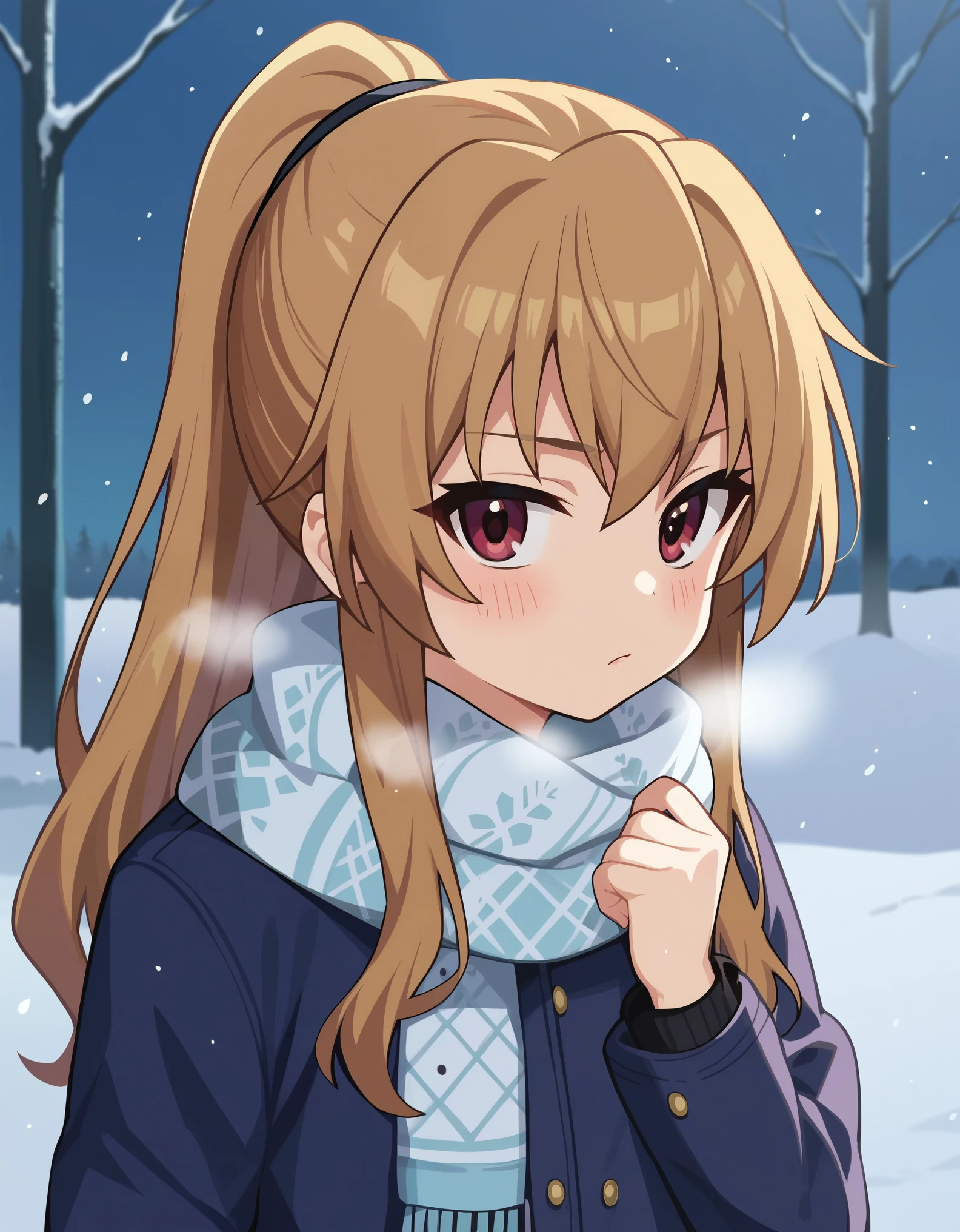 score_9, score_8_up, score_7_up, 1girl, solo, aisaka_taiga, brown_eyes, brown_hair, long_hair, flat_chest, anime_screencap, ponytail, winter_clothes, winter, scarf, steam, blush