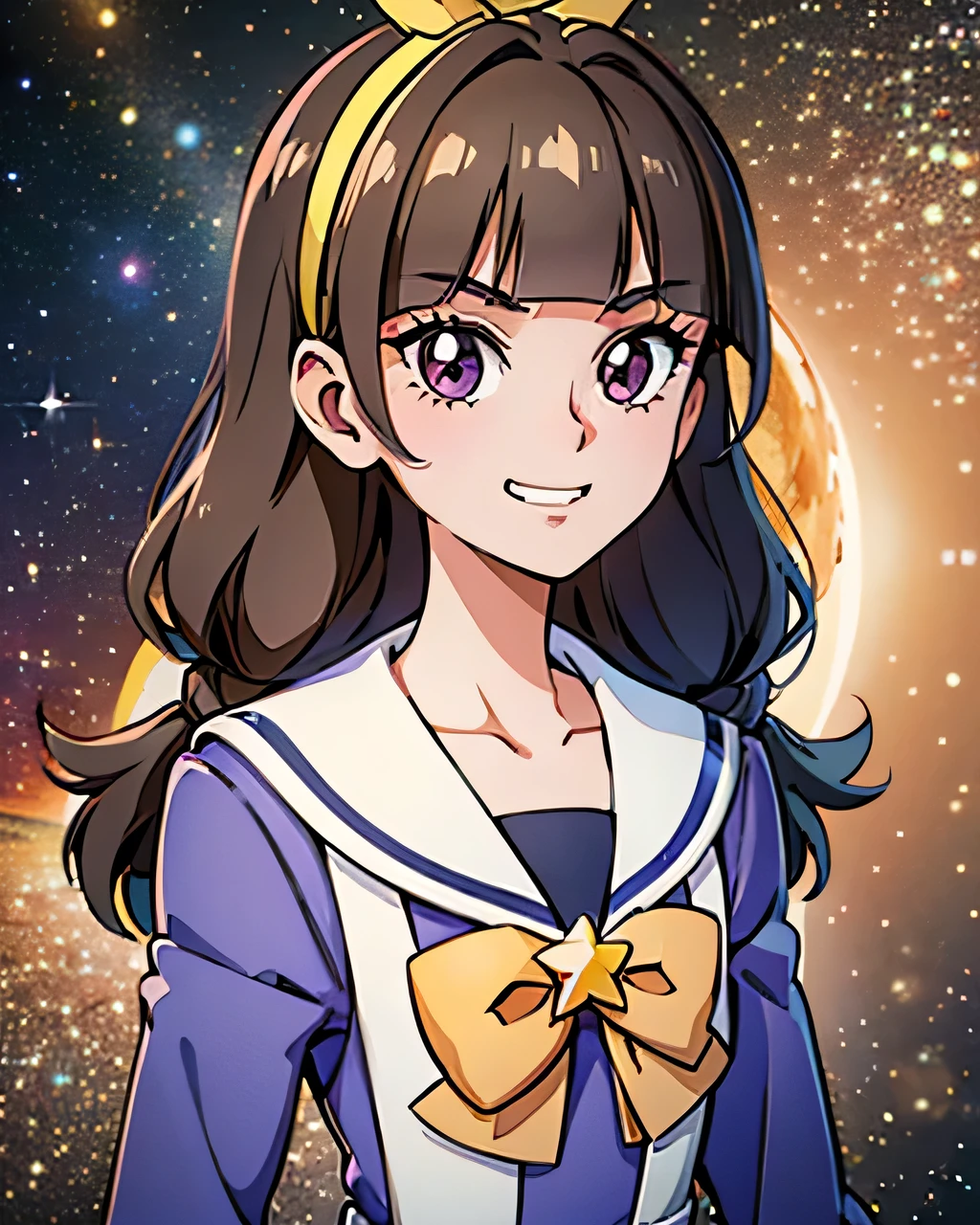 1 girl, (solo), ((amanogawaki)), best quality, highres, high quality, 8k, HD, super detail, anatomically correct, UHD, accurate, (masterpiece:1.0), (high quality:1.0), (ultra detailed), (Galaxy Background), ((Adult:1.2)), ((yellow hairband)), school uniform, long sleeves, bowtie, cartoon_portrait, (one bright cartoon star), Looking At viewer, Smug grin,