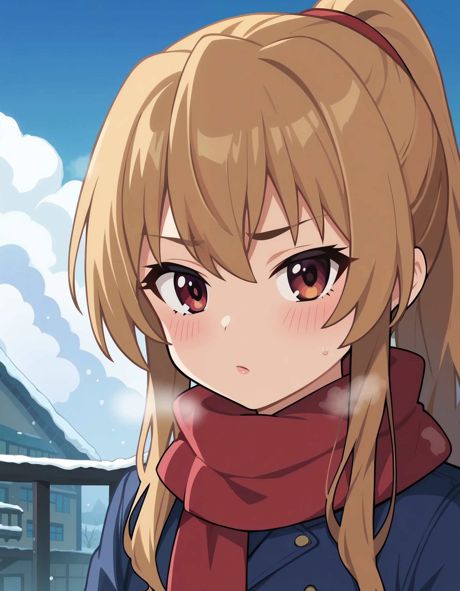 score_9, score_8_up, score_7_up, 1girl, solo, aisaka_taiga, brown_eyes, brown_hair, long_hair, flat_chest, anime_screencap, ponytail, winter_clothes, winter, scarf, steam, blush