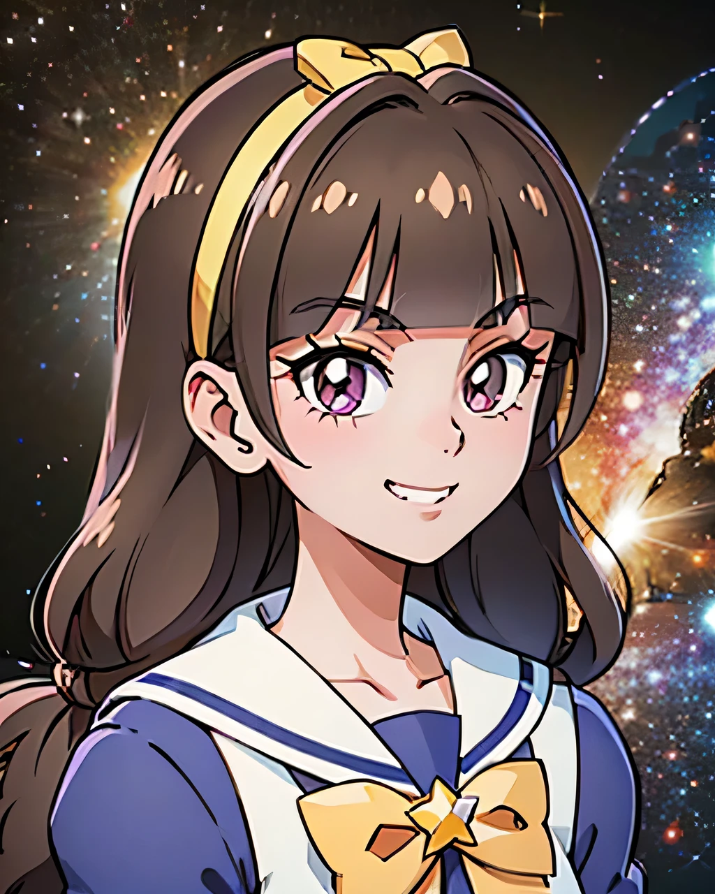 1 girl, (solo), ((amanogawaki)), best quality, highres, high quality, 8k, HD, super detail, anatomically correct, UHD, accurate, (masterpiece:1.0), (high quality:1.0), (ultra detailed), (Galaxy Background), ((Adult:1.2)), ((yellow hairband)), school uniform, long sleeves, bowtie, cartoon_portrait, (one bright cartoon star), Looking At viewer, Smug grin,