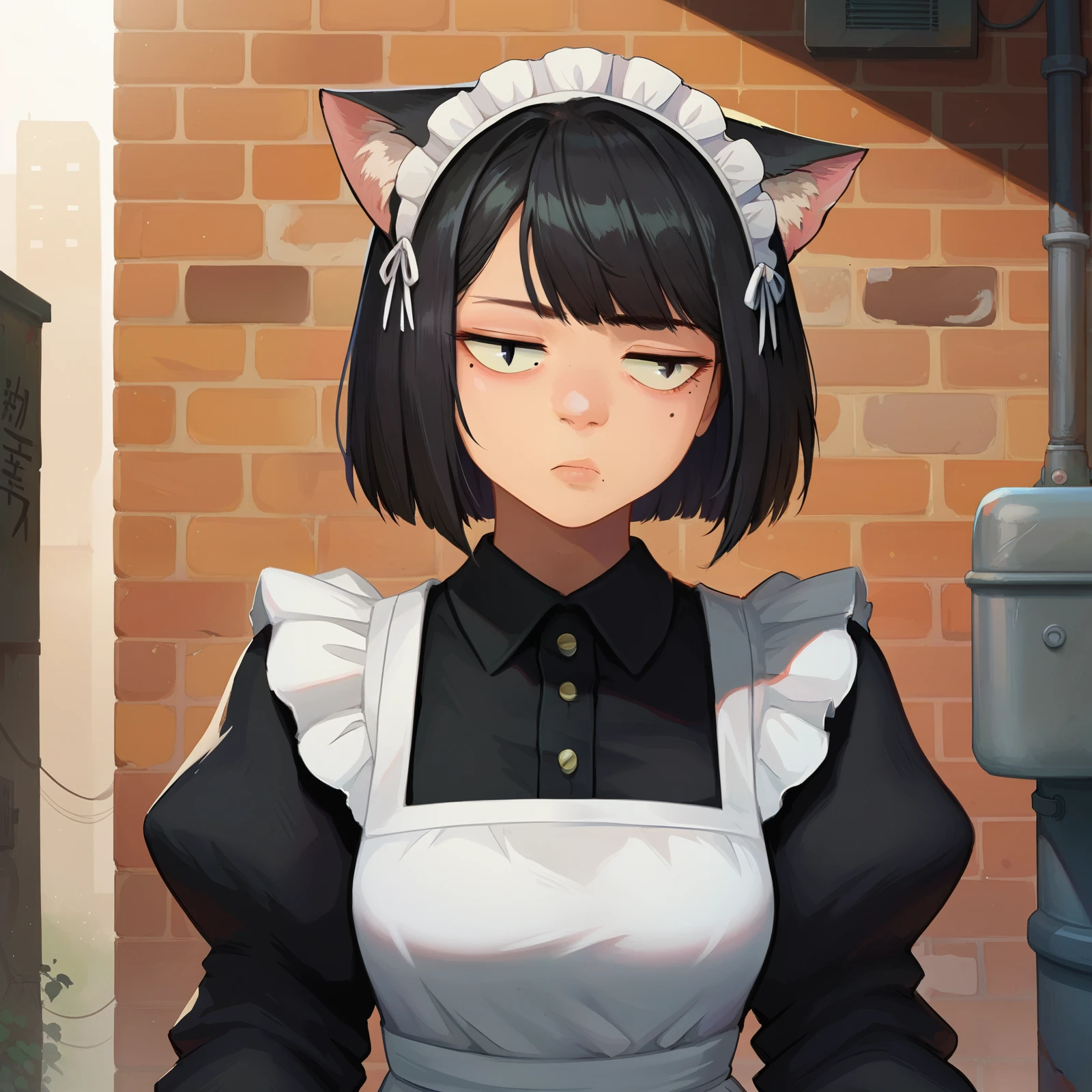 score_8_up, 1girl, fluffy clouds, illustration, simple background, alley, bored, catgirl, maid, maid headdress, maid apron, black hair, medium hair, upper body, mole under eye, no hands, no human ears