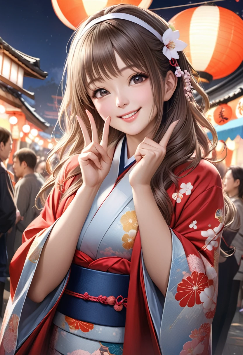 (Excellent: 1.2, Best Quality), (Realistic, PhotoRealistic: 1.4), Beautiful illustration, Dutch angle, Japanese night festival scenery, 40-year-old beautiful woman, perfect hands, five fingers, peace sign near cheek, cute, smiling, flowing hair, twisted headband on head, Japanese festival, wearing happi coat,