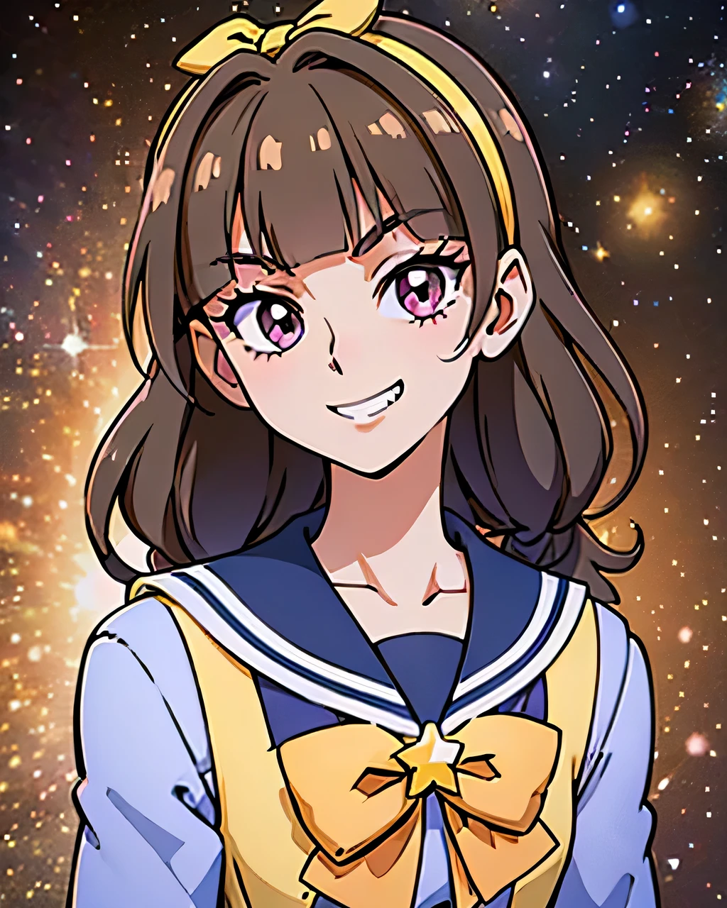 1 girl, (solo), ((amanogawaki)), best quality, highres, high quality, 8k, HD, super detail, anatomically correct, UHD, accurate, (masterpiece:1.0), (high quality:1.0), (ultra detailed), (Galaxy Background), ((Adult:1.2)), ((yellow hairband)), school uniform, long sleeves, bowtie, cartoon_portrait, (one bright cartoon star), Looking At viewer, Smug grin,