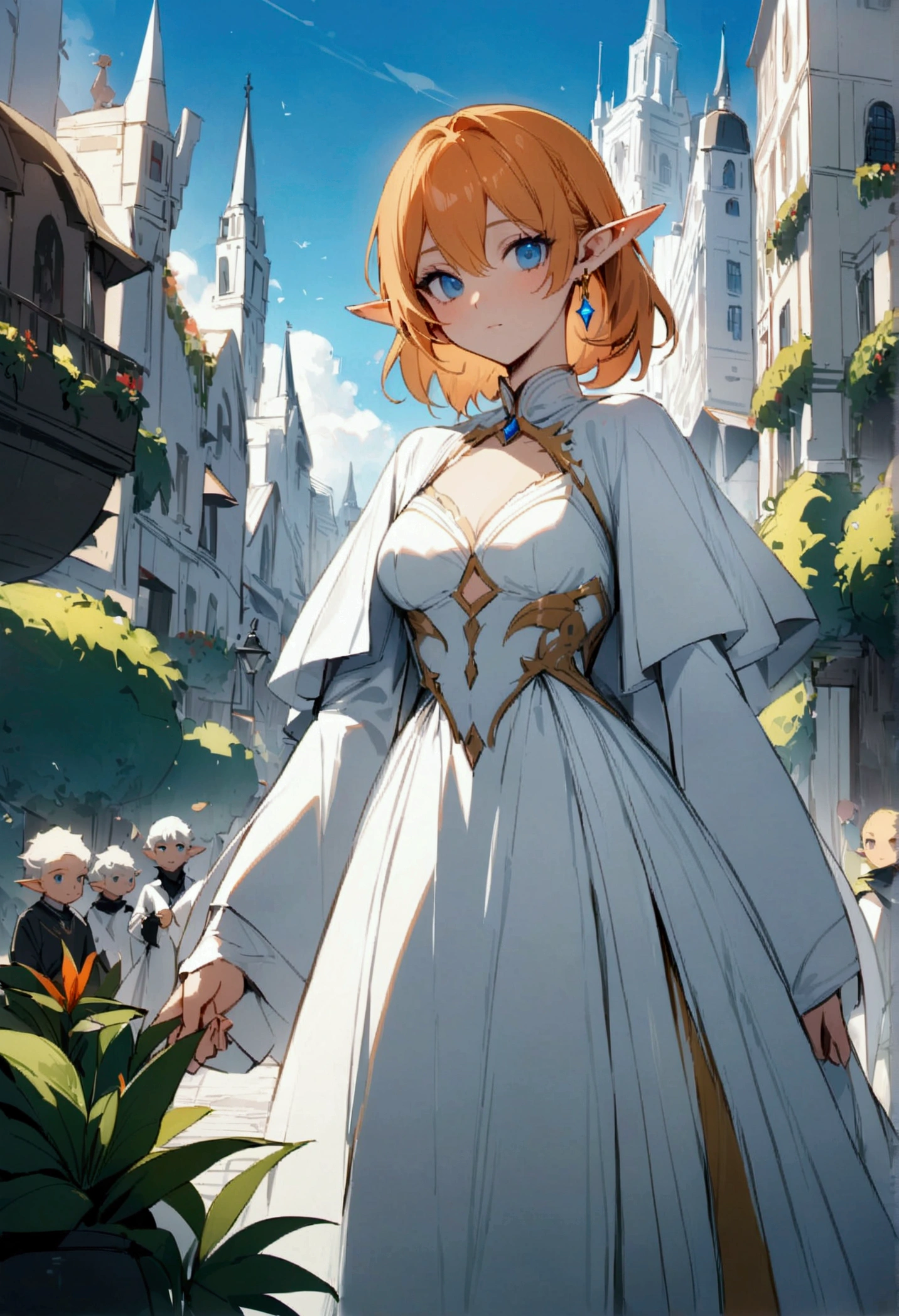 Masterpiece, High quality, High quality of art, best quality, best details, 1boy, fluffy orange hair, blue eyes, In white Heaton, a white city, a blue sky, full of inhabitants around, the inhabitants bow to him, Wreath of lilies, The white city of the elves, Walking along the main street of the city, there are many plants in the city, prince, A gold earring with a diamond on the left ear, in princess dress, small boy breast, boy, no female, almost adult, Elf