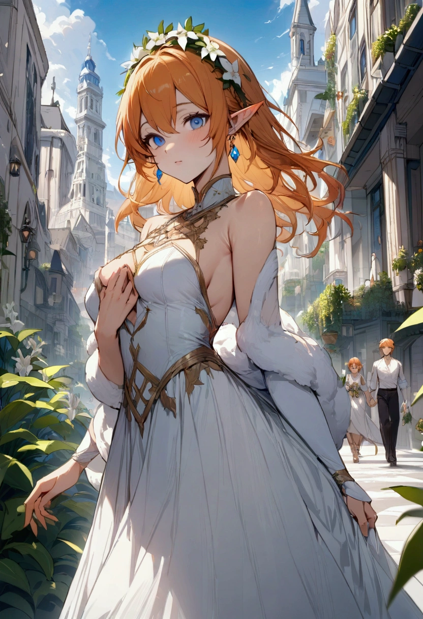 Masterpiece, High quality, High quality of art, best quality, best details, 1boy, fluffy orange hair, blue eyes, In white Heaton, a white city, a blue sky, full of inhabitants around, the inhabitants bow to him, Wreath of lilies, The white city of the elves, Walking along the main street of the city, there are many plants in the city, prince, A gold earring with a diamond on the left ear, in princess dress, small boy breast, boy, no female, almost adult, Elf
