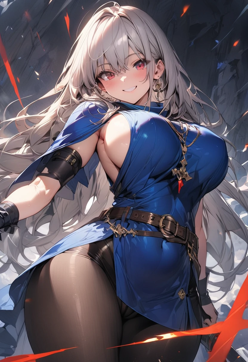 (masterpiece),(best quality),(ultra-detailed),(best illustration),(best shadow),(absurdres),(detailed background),(very aesthetic), Swordmaster, long hair, gray hair, red eyes, perfect face, blue_armor, ((exposed arm)), blue_ornaments, blue_tabard, thong, belt, ((big tits)), exposed belly, smiling, 1girl, legs exposed, strikes, Perfect face, thick thighs, ,add_detail:1, add_detail:0, add_detail:0.5, short skirt, pantyhose,
