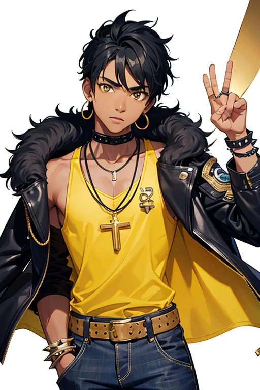 Kieran Moreno from Camp Buddy, black boy, 16 years old, Native American skin, yellow eyes, spiky black hair and is seen wearing a black rocker bracelet and a pair of yellow earrings in his right ear. slim, muscular build, red sleeveless shirt with green stripe, open yellow vest, necklace with a golden cross, blue jeans, light black belt, looking directly at viewer, white background