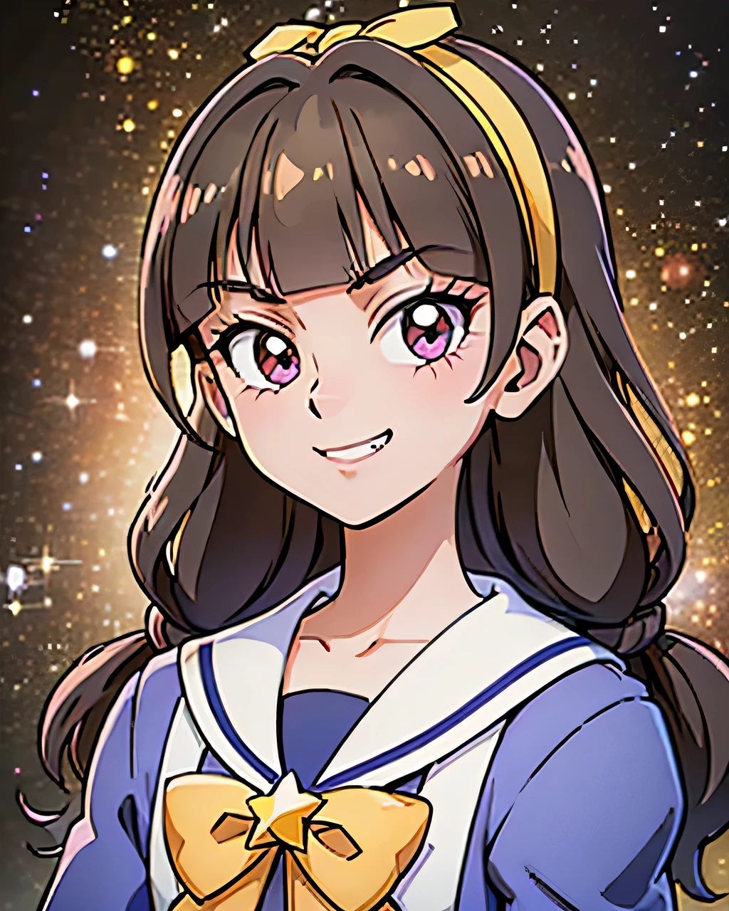 1 girl, (solo), ((amanogawaki)), best quality, highres, high quality, 8k, HD, super detail, anatomically correct, UHD, accurate, (masterpiece:1.0), (high quality:1.0), (ultra detailed), (Galaxy Background), ((Adult:1.2)), ((yellow hairband)), school uniform, long sleeves, bowtie, cartoon_portrait, (one bright cartoon star), Looking At viewer, Smug grin,