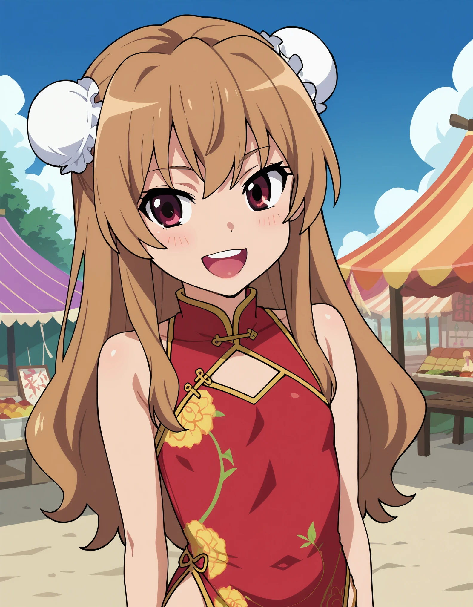 score_9, score_8_up, score_7_up, 1girl, solo, aisaka_taiga, brown_eyes, brown_hair, long_hair, flat_chest, anime_screencap, china_dress, outdoors, festival, double_bun, happy