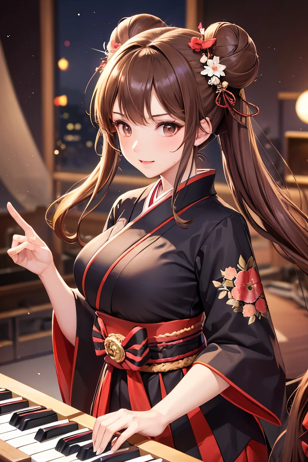 Top quality, ample limbs, perfect fingers, slender beauty, twin-tailed bun hairstyle, brown hair, Deresute, A costume of haori and hakama with a flashy pattern,Band instrumentskeyboard, beautiful large breasts, live stage, Playing Band InstrumentsKeyboard