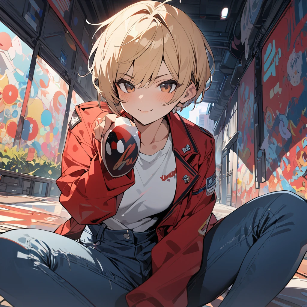 1girl, holding a soda can, chibi, , chibi proportions, small, cute, very short hair, tomboy, very short hair, pixie cut, serious smile, chic and asymmetrical pixie cut, short blonde pixie hair, very short hair, brown eyes, wearing a red military jacket, jeans, abstract background, intricate detail, masterpiece quality, ultra HD, 4K, best quality