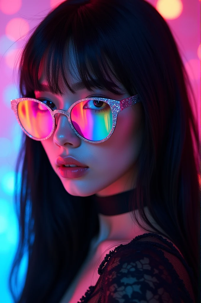 Portrait of an attractive beautiful woman with black hair wearing gothic costume, (Very detailed: 1.2), Hyper-detailed eyes and use of high-tech sunglasses with holographic display 1.2) ,Beautiful multidimensional geometric wall, Vibrant vivid color coloring,