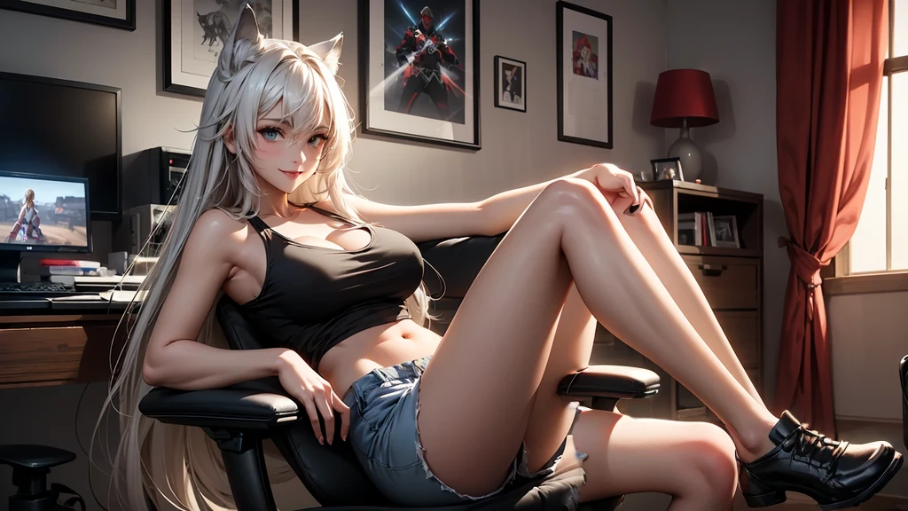 Illustrate a beautiful 20-year-old wolf girl with tan skin and long, flowing hair. She has bright, captivating eyes and is dressed in a cute tank top that shows her midriff, big breasts, lush breasts, voluminous breasts, elastic breasts, on the bed, legs apart  paired with sleep shorts. She is seated in a modern gaming chair in a dimly lit room with an open window, letting a gentle night breeze in. The wolf girl is posing playfully, with a big, happy smile and a touch of sexiness. Her room is adorned with modern nerdy items that reflect her passion for video games and anime, including a high-end gaming PC, sleek gaming desk, ergonomic gaming chair, the latest gaming console, and stylish anime posters and figurines. The image should showcase high-quality visual artistry, with intricate details, creating a cozy and inviting atmosphere.