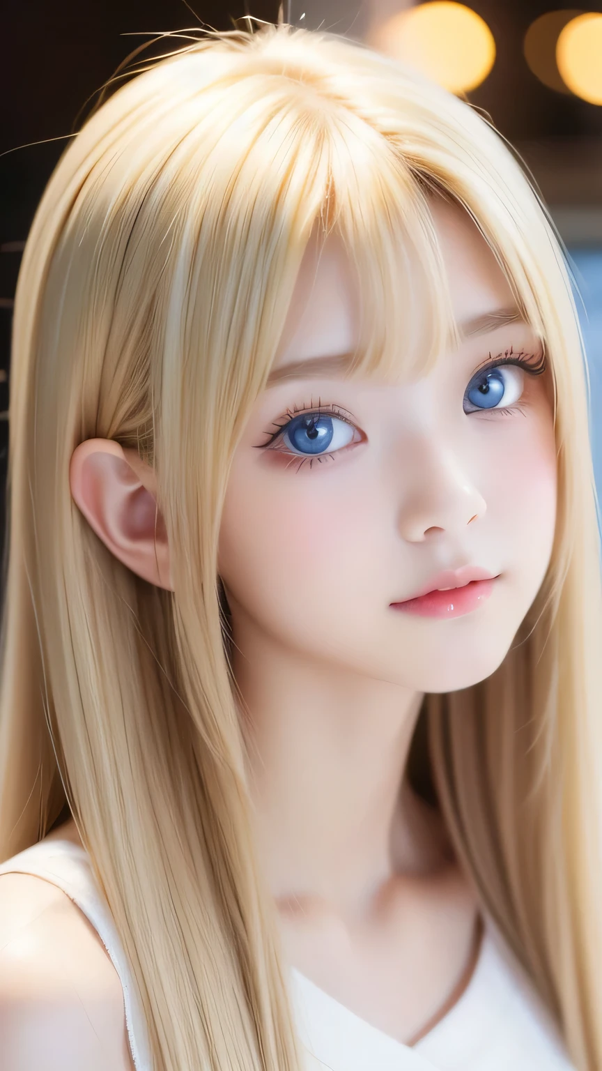 Crystal clear and shiny skin、Cute  13 year old with beautiful face、Very large, beautiful, bright, pale sky blue eyes、Very big eyes、Super long straight hair that shines in the light、Long, silky bangs that cover her cute eyes、Hair that hides sexy features、too long bangs、Sexy and cute young beauty、Super long natural young blonde hair with sparkling highlights Blonde over one eye Blonde over one eye、Blonde hair between the eyes