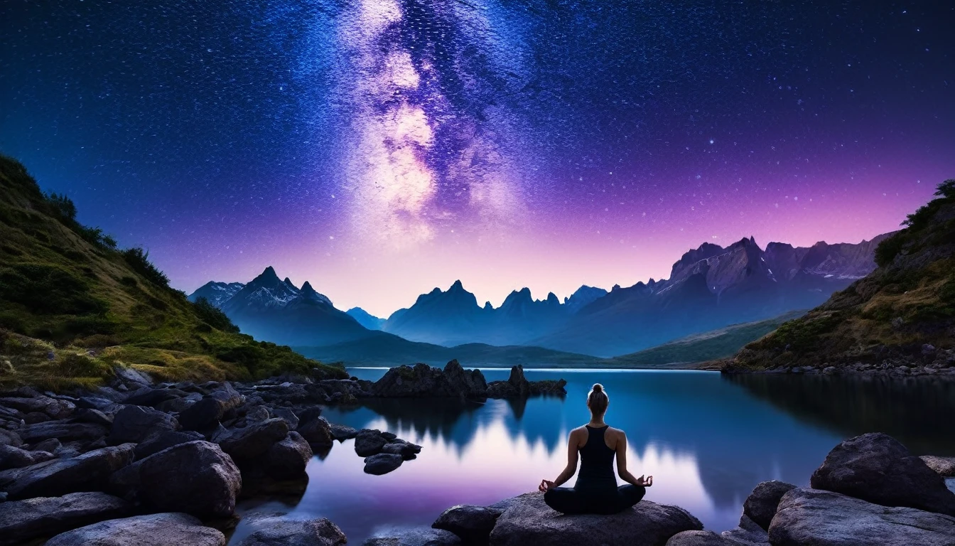 a dark and peaceful landscape, a woman in yoga clothes meditating by a calm lake with rocks and mountains, (best qualityer,4K,8k,high resolution,work of art:1.2),ultra detali,(realisitic,photorealisitic,photo-realisitic:1.37),dramatic lighting, temperamental atmosphere, serene, tranquil, atmospheric, cinematic, mountains silhouetted against a starry night sky, still water reflecting the sky, jagged rocks along the coast, lush vegetation around the lake, (cinematic lighting:1.2),(dramatic shadows:1.1),soft color palette, deep blues and purples