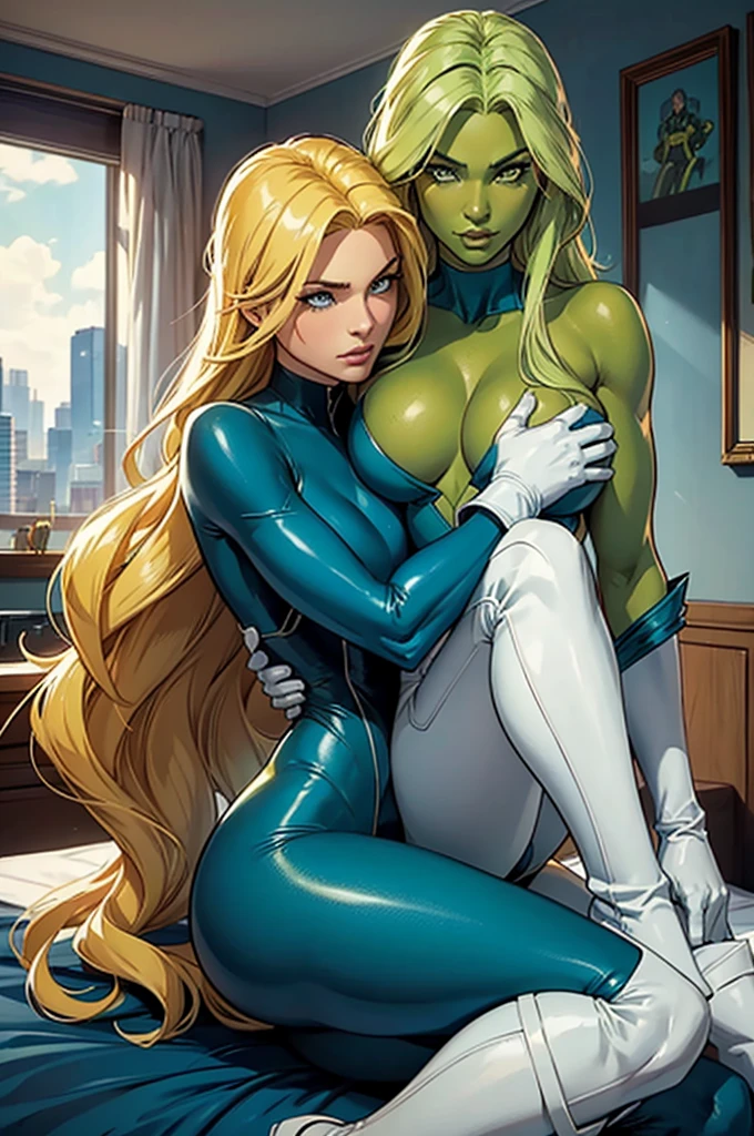 Marvel Comics' She-Hulk tall with green skin, long dark green hair, green eyes, wearing a blue bodysuit with a white collar, white boots is hugging and kissing Sue Storm from Marvel Comics' Fantastic Four, blonde with long yellow hair and blue eyes wearing a blue bodysuit with the number 4 drawn on it, white gloves and long white boots above the knees. In a bedroom in an apartment in New York City.