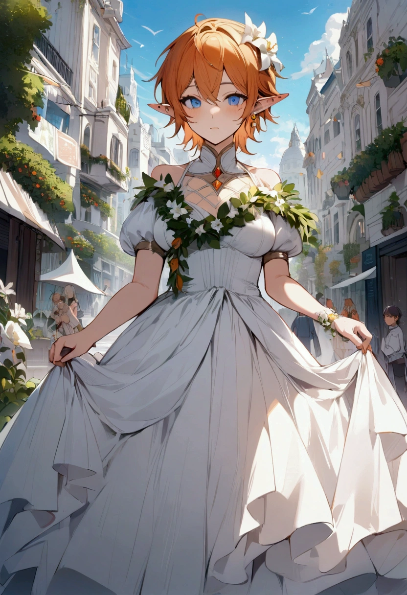 Masterpiece, High quality, High quality of art, best quality, best details, 1boy, fluffy orange hair, blue eyes, In white Heaton, a white city, a blue sky, full of inhabitants around, the inhabitants bow to him, Wreath of lilies, The white city of the elves, Walking along the main street of the city, there are many plants in the city, prince, A gold earring with a diamond on the left ear, in princess dress, small boy breast, boy, no female, almost adult, Elf boy