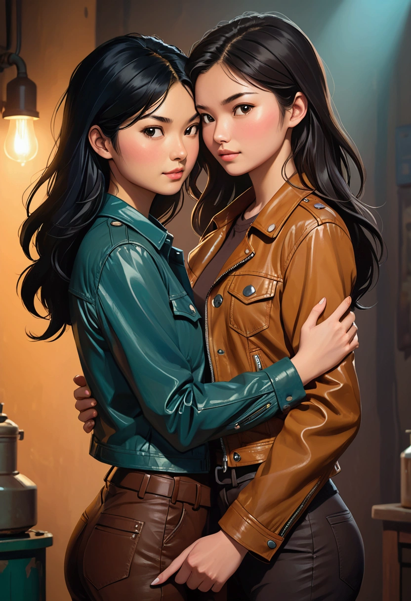 Two young women in Sarah Kay style, in love, hugging each other. One with long, straight black hair, delicate Asian features, dressed in a petrol-coloured shirt and dark trousers, the other a young British woman with semi-short brown hair, dressed in a brown leather jacket and dark trousers.